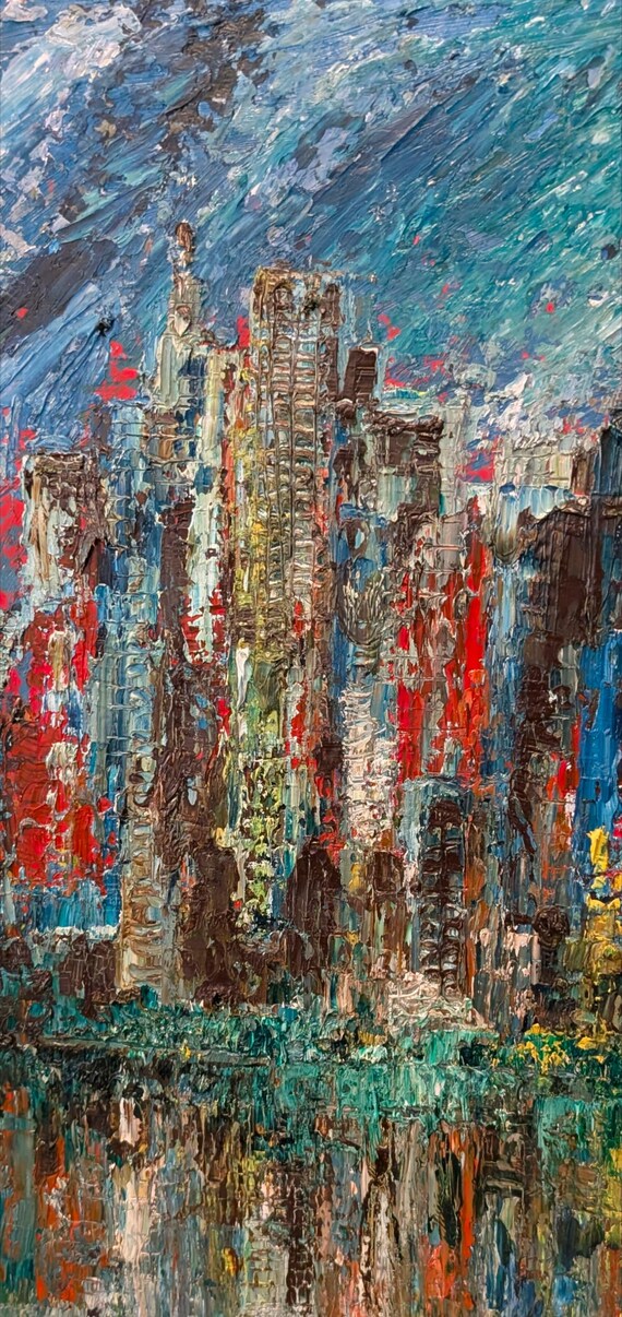 Textured Cityscape Oil Painting: Vibrant Reflections on Water