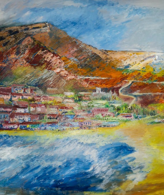 By the sea impasto Spanish  seaside town large wall art