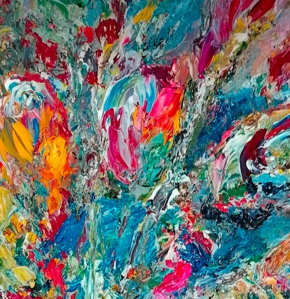 Floral spray impasto layered oils print