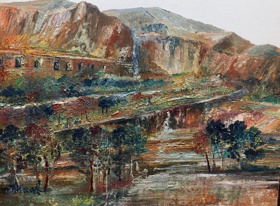 Mountain Pass Viaduct Painting: Rich Browns, Greens, Cascading Water Landscape Art