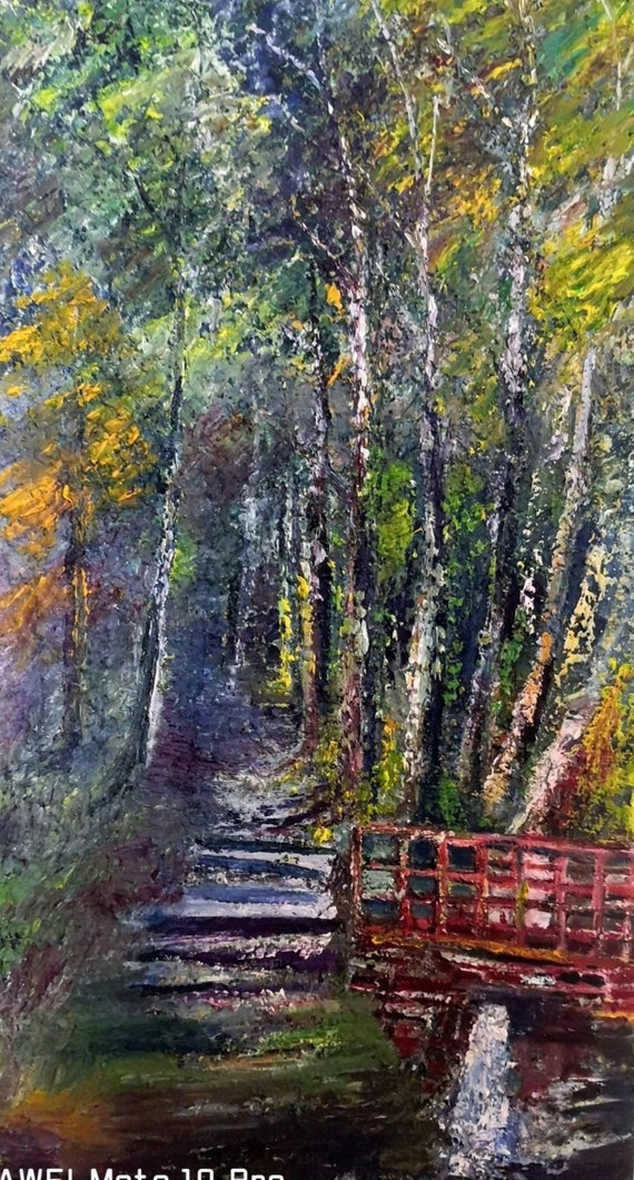 Wooded Pathway Painting: Mystical Forest Bridge, Cascading Water Art