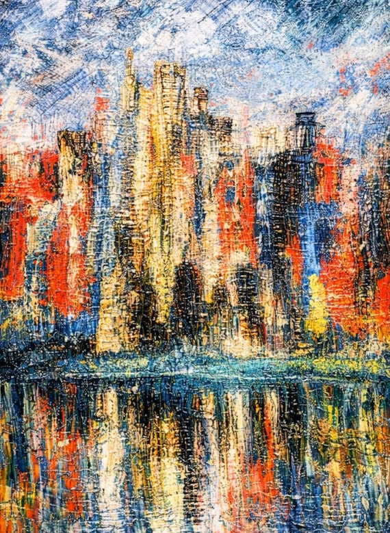 Vibrant Cityscape Reflections Painting: Textured Abstract Wall Art