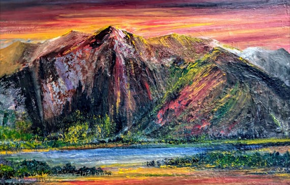 “Sunset Over the Mountains – Textured Oil Painting | A1 Statement Landscape | Impasto Palette Knife Art”