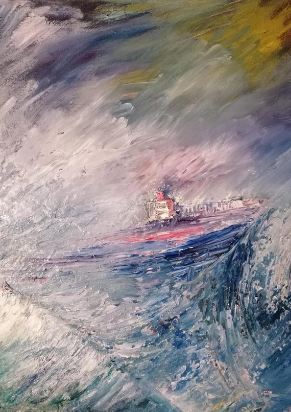 Seascape Oil Painting: Stormy Waves, Ship in Rough Seas