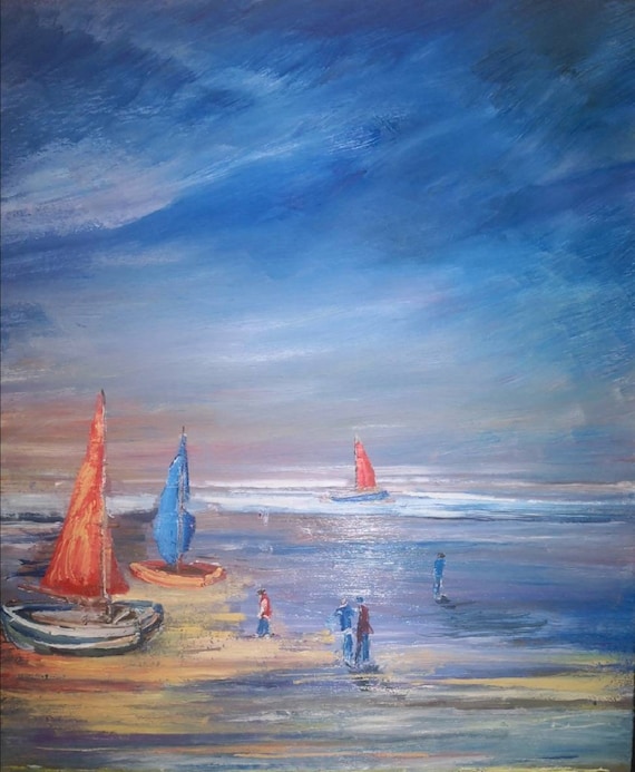Welsh  Sunset Sailboats Oil Painting Print: Old Fashioned Scene, Coastal Activity