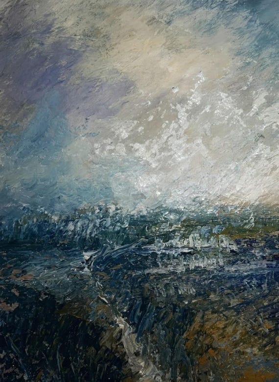 Urban sprawl Rough terrain landscape impasto oil print