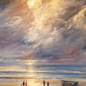 Dipinto dell'alba sulla spiaggia: il sole che filtra tra le nuvole, la riva dell'oceano. Opera d'arte originale, dipinto ad olio, figure migliorate con l'intelligenza artificiale.