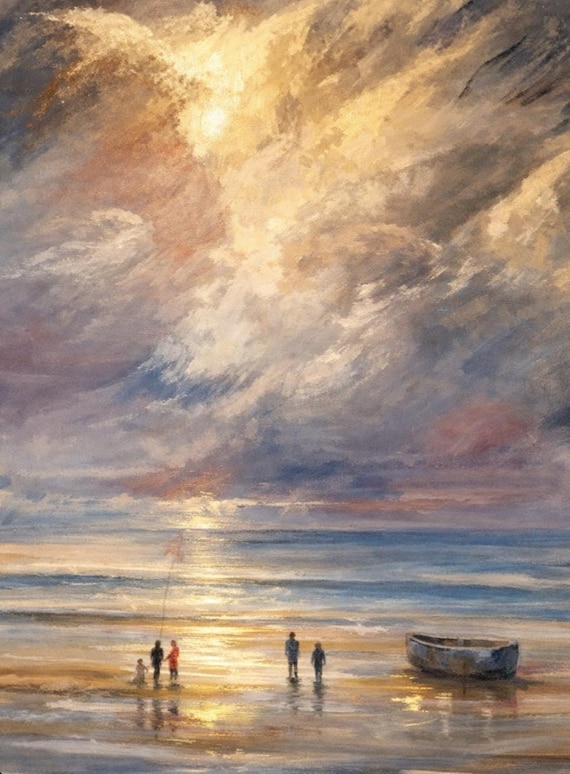 Beach Sunrise Painting: Sun Breaking Through Clouds, Ocean Shoreline Art