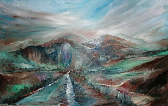 Valley approach Mountain Landscape Painting: Snowdon River Valley, Deep Greens Browns