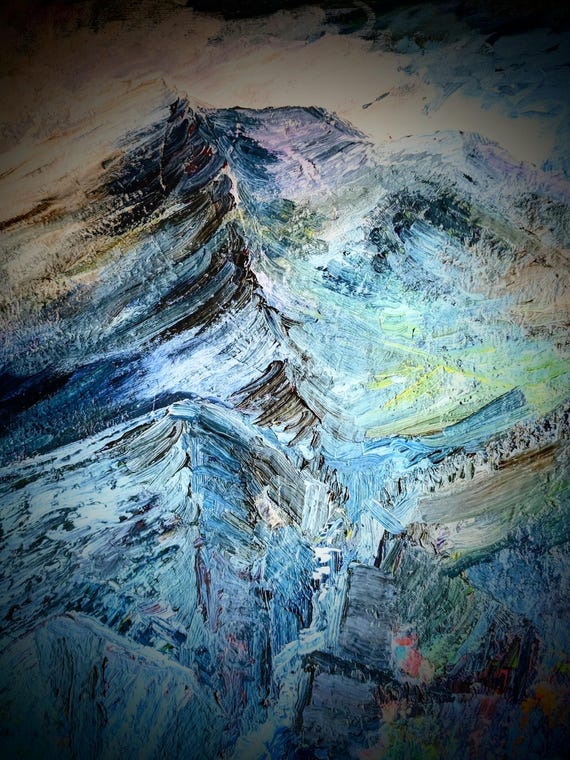 Textured Mountain Summit Painting: Impasto Rock Strata Art