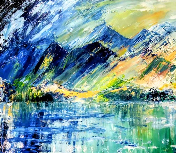 Abstract Mountain Landscape Painting: Stormy Tarn Lake View