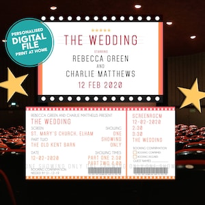 Digital / Print at home Cinema Ticket style Hochzeitseinladungen mit angehängter RSVP und Save the Dates