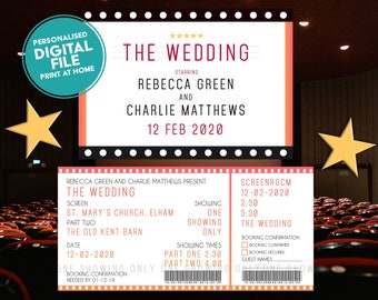 Digital/ Print at home Cinema Ticket style Wedding invitations with attached RSVP and Save the dates