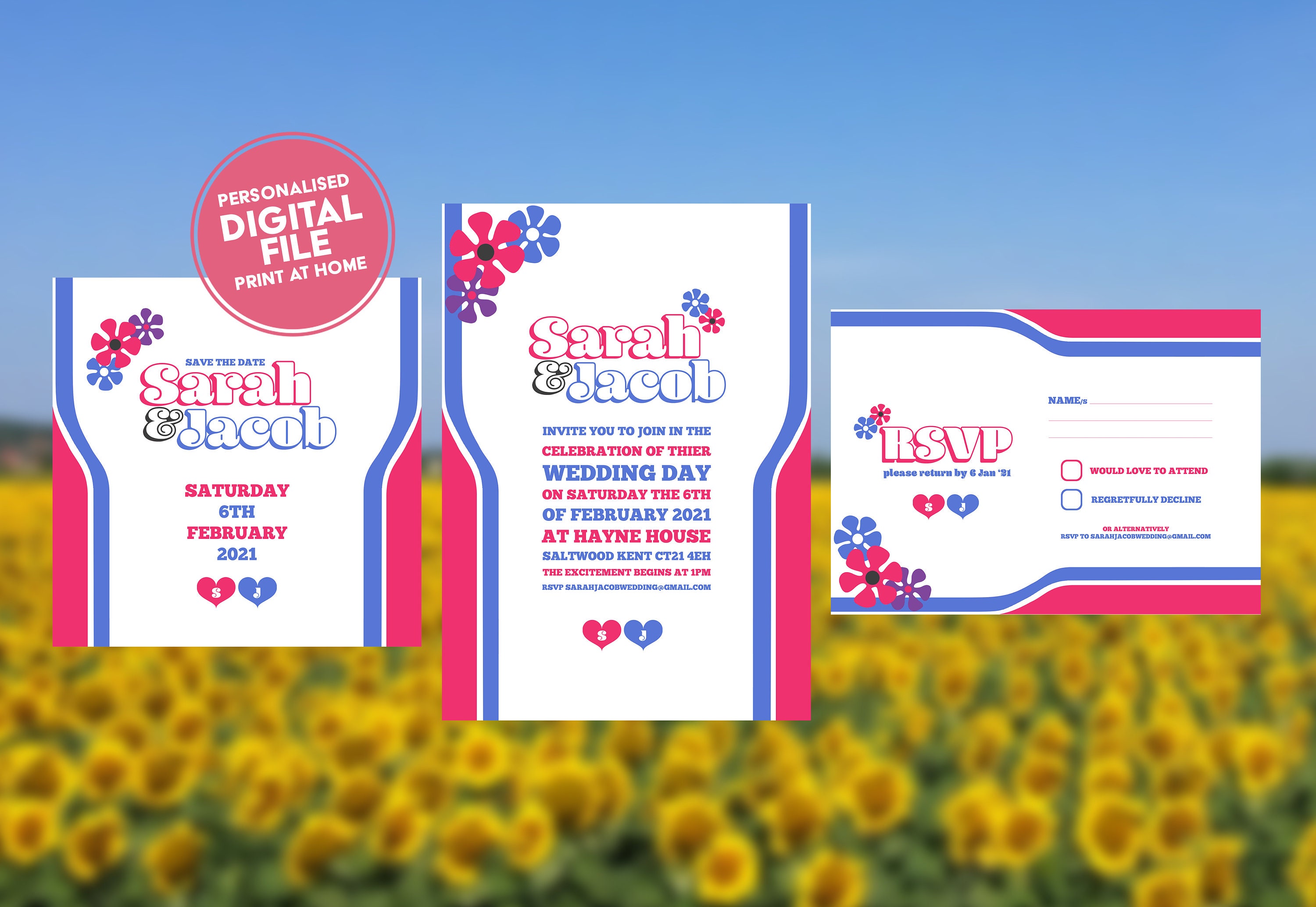 DIGITAL | Flower Power | Wedding Stationery -  Save the dates, Invitatations and RSVPs | Print at home DIY