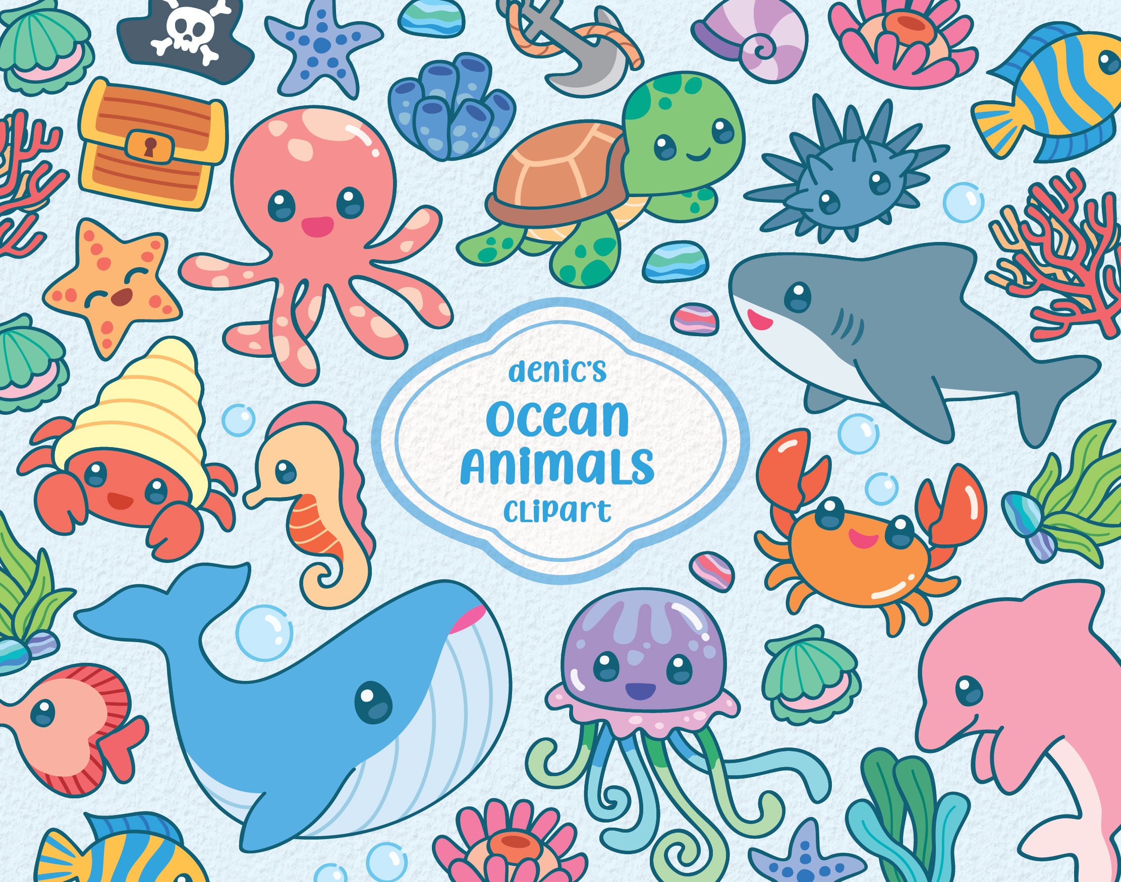 Ocean Animals Clipart, Sea Creatures, Kawaii Mermaid Friends, Cute