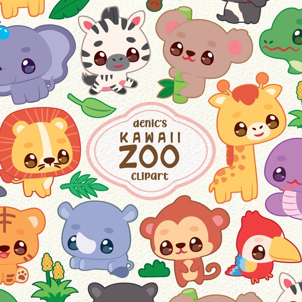Kawaii Zoo Clipart, Safari Animal Vector, Jungle Animal Illustration, Zoo Adventure, Digital Download, PNG, Line Clip Art, Nursery Printable