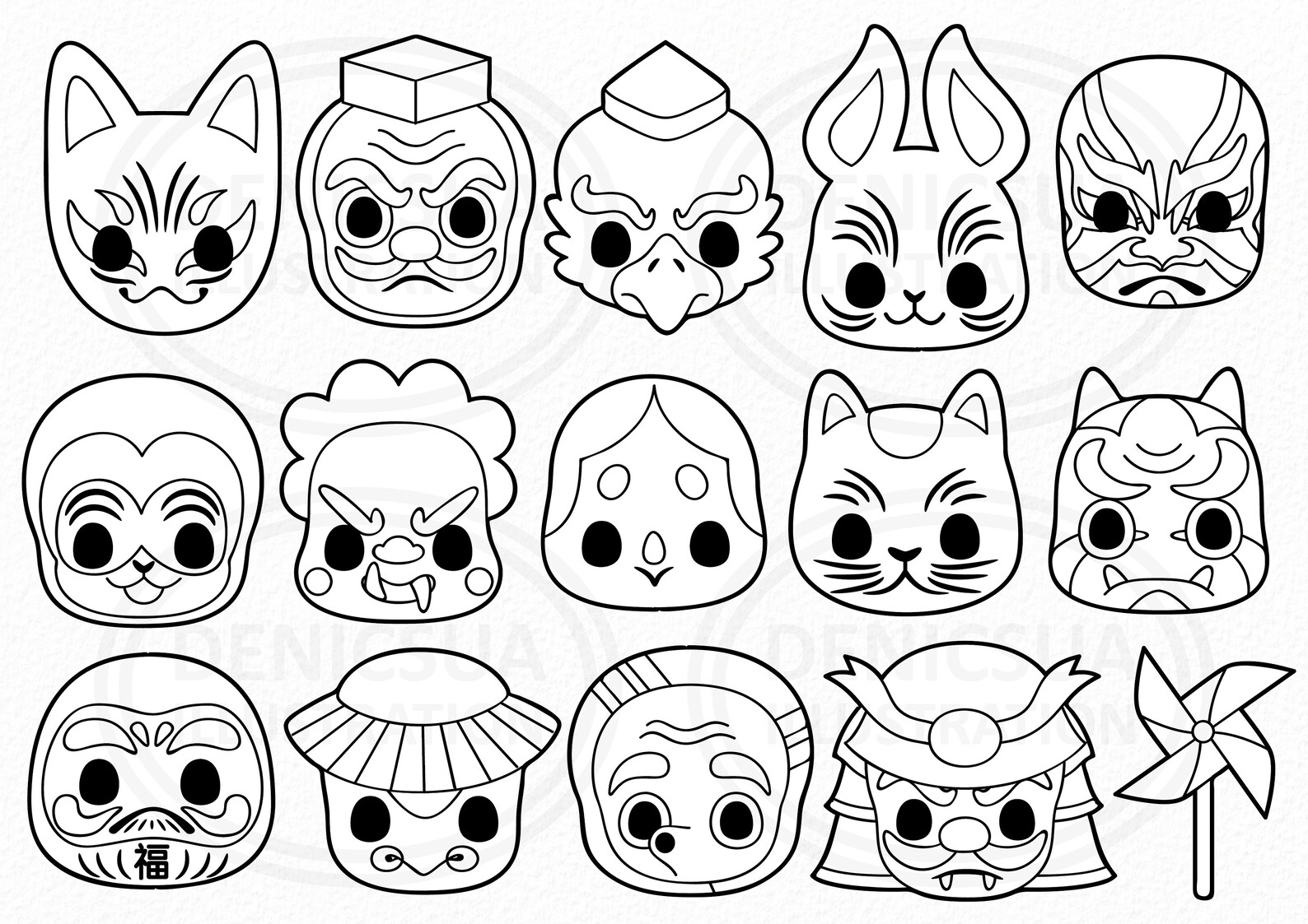 Kabuki Mask Clipart, Japnese Mask Vector, Kawaii Traditional Mask ...