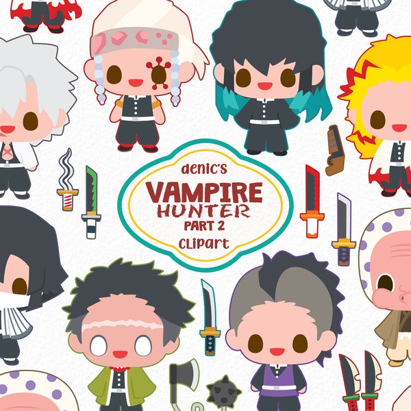 Vampire Hunter Clipart, Fanart Illustration, Manga Vector, Demon Hunter Hero, Chibi Japan Slayer, Digital Download, PNG, Nursery Printable