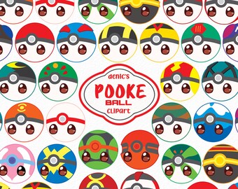 Pokii Ball Clipart, Chibi Ball, Pooke Monster Ball, Fan Art, Chilhood Toon, Cute Pokimon Material, Digital Download, PNG, Nursery Printable