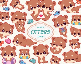 Adorable Otters Clipart, Kawaii Otter Family, Cute Otters Lover, Animal Illustration, Digital Download,PNG, Line Clip Art, Sticker Printable