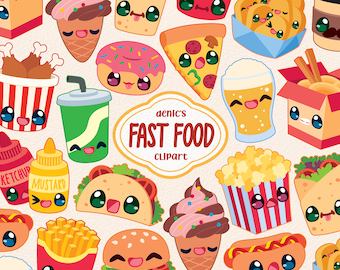 Fast Food Clipart, Kawaii Food Vector, Fast Food Party, Take Away Food, Food Illus, Digital Download, PNG, Line Clip Art, Sticker Printable