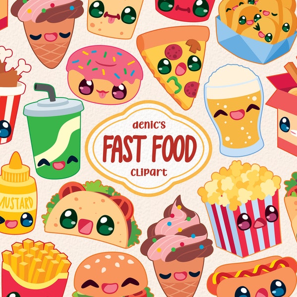 Fast Food Clipart, Kawaii Food Vector, Fast Food Party, Take Away Food, Food Illus, Digital Download, PNG, Line Clip Art, Sticker Printable