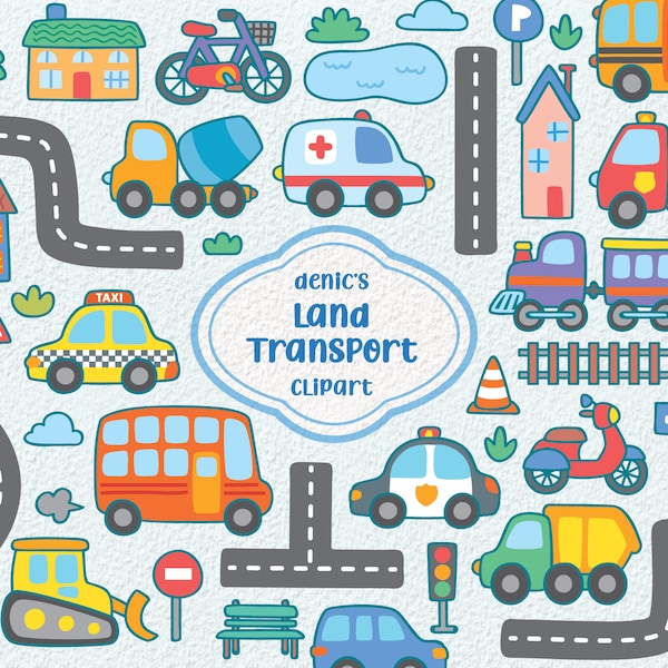 Land Transport Clipart, Transportation Vector, Kawaii Vehicle, Cute Illustration, Digital Download, PNG, Lineart Clip Art, Nursery Printable
