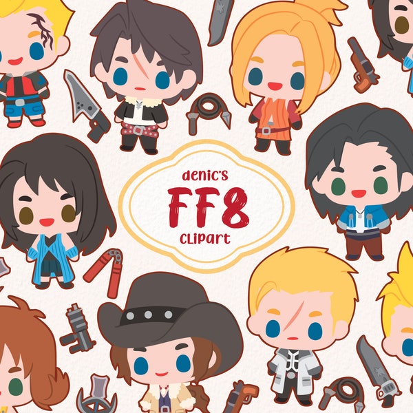 FF8 Clipart, FF VIII Clip Art, Video Game Doodle, Kawaii Squall Rinoa, Digital Download, PNG, Line Clip Art, Sticker Printable