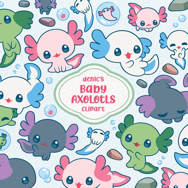 Baby Axolotls Clipart, Cute Axolotl, Kawaii Mexican Salamanders, Amphibians Illus, Digital Download, PNG, Lineart Clip Art,Nursery Printable