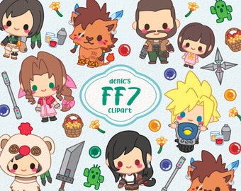 FF7 Clipart, FFVII Vector, Video Game Doodle, Kawaii Cloud Tifa, Cute Illustration, Digital Download, PNG, LineArt, Nursery Printable