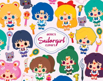 Sailor Girl Clipart, Japan Cartoon, Group Power Girl, Chibi Characters, Cute Anime, Digital Download, PNG, Line Clip Art, Nursery Printable