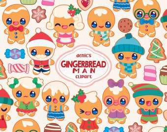 Gingerbread Man Clipart, Christmas Food Vector, Kawaii Cookies, Winter Gingerbread, Digital Download, PNG, Line Clip Art, Nursery Printable