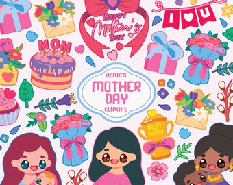 Mother's Day Clipart, Mummy Baby Vector, Lovely Mom Illustration, Happy Mother Day, Digital Download, PNG, Line Clip Art, Nursery Printable