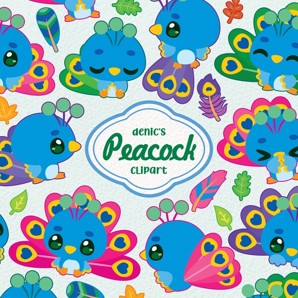 Peacock Clipart, Chibi Peacock, Beautiful Peafowl, Fabulous Animal, Cute Peafowl, Digital Download, PNG, Line Clip Art, Nursery Printable