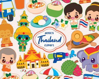 Thailand Clipart, Kawaii Thailand, Southeast Asia, Travel Thailand, Holiday Trip, Digital Download, PNG, Lineart Clip Art, Nursery Printable