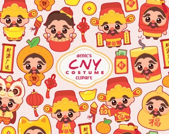 Chinese New Year Clipart, CNY Costume Clip Art, Lunar New Year, Chinese Costume, Digital Download, PNG, Line Clip Art, Sticker Printable