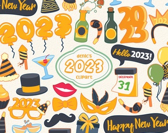 2023 New Year Clipart, New Year Party Vector, Gold 2023 Illustration, Holiday Party, Digital Download, PNG, Line Clip Art, Nursery Printable