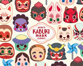 Kabuki Mask Clipart, Japnese Mask Vector, Kawaii Traditional Mask, Samurai Mask, Digital Download, PNG, Line Clip Art, Nursery Printable