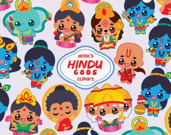 Hindu Gods Clipart, Hindu Fairy Vector, Diwali Gods, Chibi Gods, Diwali Hindu, Digital Download, PNG, Line Clip Art, Nursery Printable