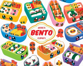 Bento Food Clipart, Chibi Bento, Lovely Lunch Box, Packed Lunch, Family Meal, Food Pack Vector, Digital Download, PNG, Nursery Printable