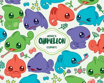 Chameleon Clipart, Baby Chameleon Vector, Reptiles Animal, Kawaii Illustration, Digital Download, PNG, Line Clip Art, Nursery Printable