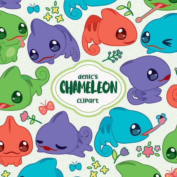 Chamäleon Clipart, Baby Chamäleon Vektor, Reptilien Tier, Kawaii Illustration, digitaler Download, PNG, Linie Clip Art, Kinderzimmer druckbar