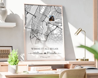 Where It All Began Map Anniversary Gift, First Date Custom Map Print Cute Relationship Gift, Personalized Map Print Wedding Anniversary Gift