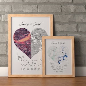 Individuelle Karte Print 2 Staaten | Zustand zu Zustand personalisierte Karte Leinwand | Personalisierte Herzkarte Poster | Fernfreundgeschenk | Umzugsgeschenk