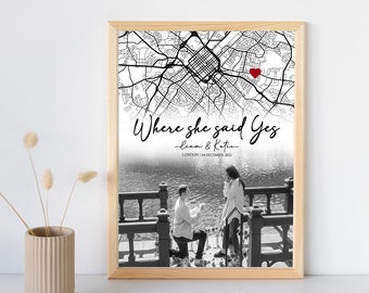 She said yes custom personalized engagement gift for couple | Engagement Picture Gift, Where She Said Yes, Custom Map Location, Framed Gift