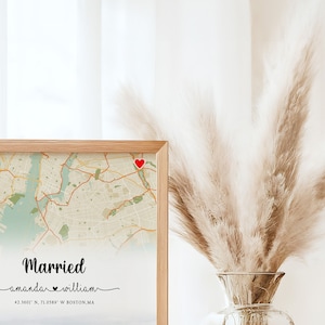 Carte où tout a commencé/où nous nous sommes rencontrés, carte de localisation, art mural avec cadre en bois, cadeaux d'anniversaire de mariage personnalisés pour couple, cadeaux de Saint-Valentin