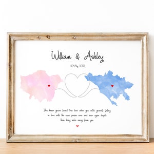 Impression de carte personnalisée - Deux pays ou États - Art de carte personnalisé - 12 options de conception de carte | Carte de l'amour/des amis | relation à distance