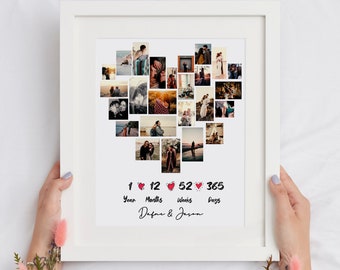 Personalize 1st Year Anniversary Photo Collage Gift, 1 year Anniversary Gift Husband, Number Photo Collage, Custom Heart photo collage Gift