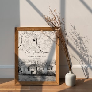 May include: A framed black and white print featuring a map design and the words "Home Sweet Home." The print includes a house image and the address 330 Pearborne Ave, Blackwood, NJ 08012. The frame is made of light brown wood.