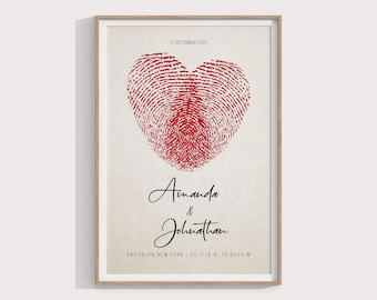 May include: A red fingerprint heart design with the names Amanda & Johnathan and the date 12 December 2023. The text Brooklyn, New York | 40.7128 N, 74.0060 W is below the names.